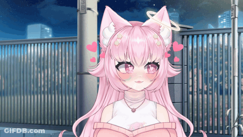 Girl With Pink Hair And Hearts On Ears At Fence GIF