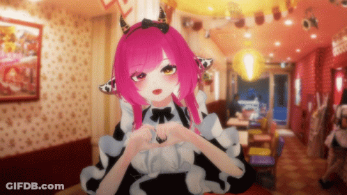 Girl With Pink Hair And Horns Making Heart With Hands GIF