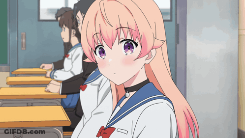 Girl With Pink Hair And Purple Eyes At Desk In Classroom GIF