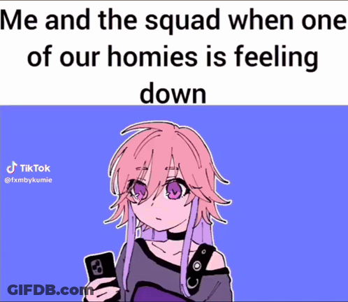 Girl With Pink Hair And Purple Eyes Holding Cell Phone GIF
