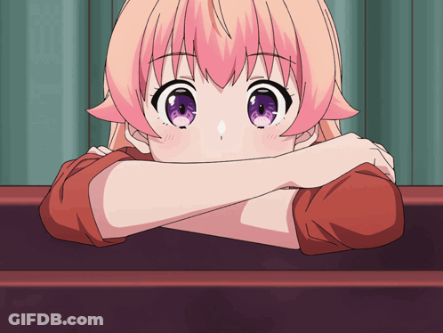 Girl With Pink Hair And Purple Eyes Leaning On Table GIF