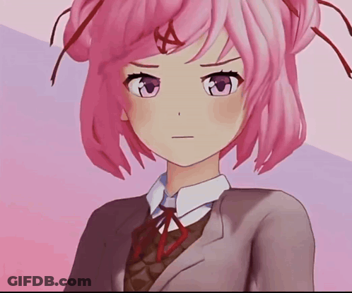 Girl With Pink Hair And Purple Eyes Looking At Camera GIF
