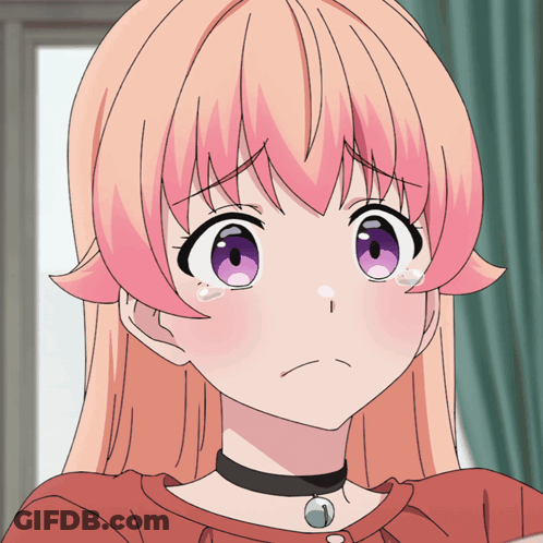 Girl With Pink Hair And Purple Eyes Looks Sad GIF