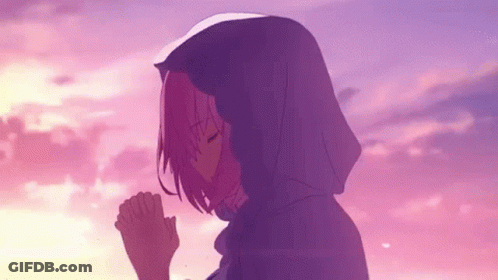 Girl With Pink Hair And Purple Hood Praying Under Pink Sky GIF