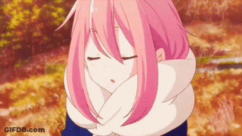 Girl With Pink Hair And Scarf In Woods GIF