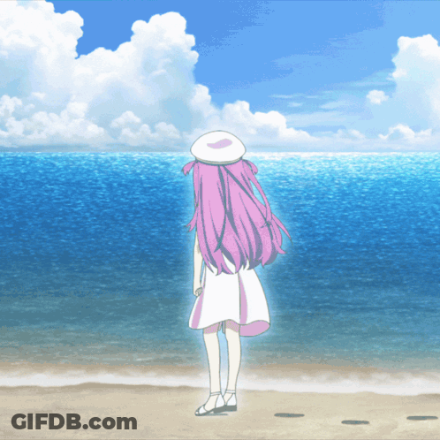 Girl With Pink Hair And White Hat On Beach GIF