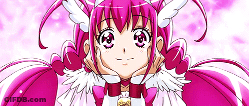 Girl With Pink Hair And White Wings Smiling Hand On Chin GIF