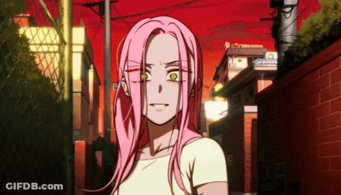 Girl With Pink Hair And Yellow Eyes In Alleyway GIF