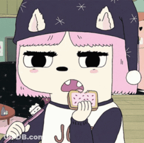 Girl With Pink Hair Brushing Teeth And Eating Toaster GIF