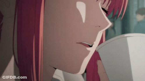 Girl With Pink Hair Drinking From White Cup GIF
