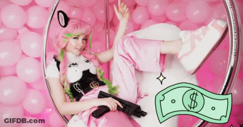 Girl With Pink Hair Holding Gun In Front Of Dollar Bill GIF