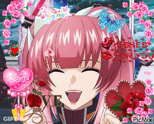 Girl With Pink Hair Holding Kisses Heart GIF
