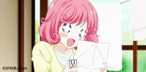 Girl With Pink Hair Holding Paper With Letter W GIF