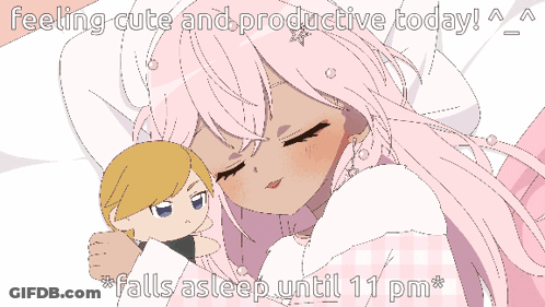 Girl With Pink Hair Holding Stuffed Animal Feeling Cute And Productive Today GIF