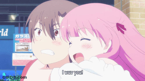 Girl With Pink Hair Hugging Boy With Brown Hair GIF