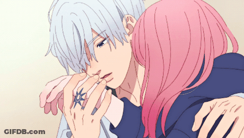 Girl With Pink Hair Hugging Boy With White Hair GIF