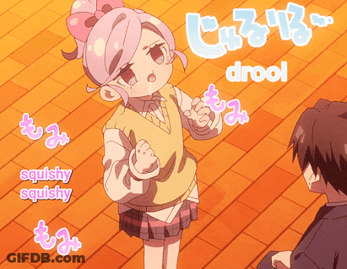 Girl With Pink Hair In Front Of Squishy Squishy And Drool Sign GIF