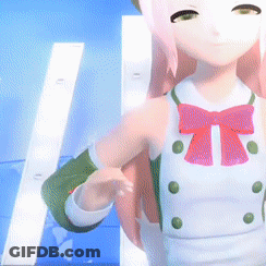 Girl With Pink Hair In White Dress And Green Buttons GIF