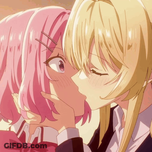 Girl With Pink Hair Kissing Blonde Girl GIF
