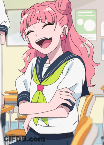 Girl With Pink Hair Laughing In Classroom GIF
