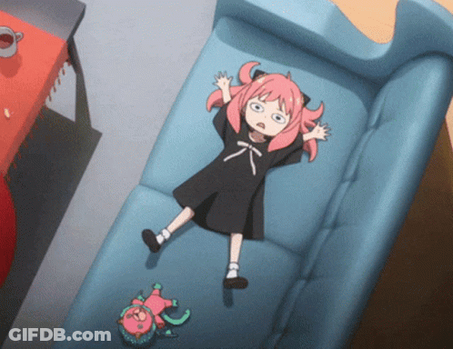 Girl With Pink Hair Laying On Blue Couch Next To Stuffed Animal GIF