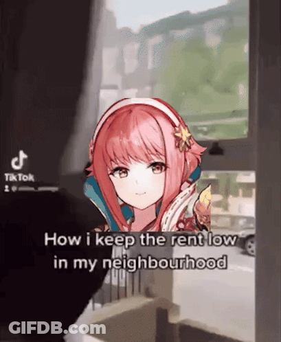 Girl With Pink Hair Looking Out Window Saying How I Keep The Rent Low GIF