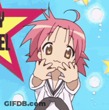 Girl With Pink Hair Making Funny Face In Front Of Lucky Star GIF