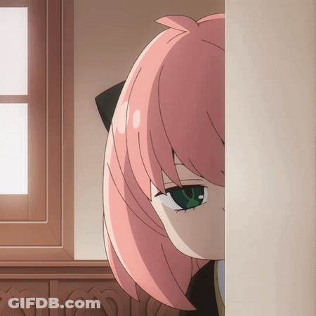 Girl With Pink Hair Peeking From Behind Wall GIF