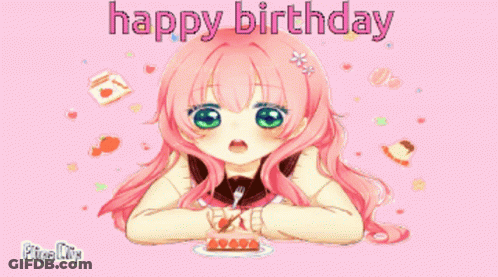 Girl With Pink Hair Sitting At Birthday Cake GIF