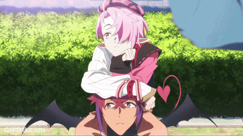Girl With Pink Hair Sitting On Demon's Shoulders GIF
