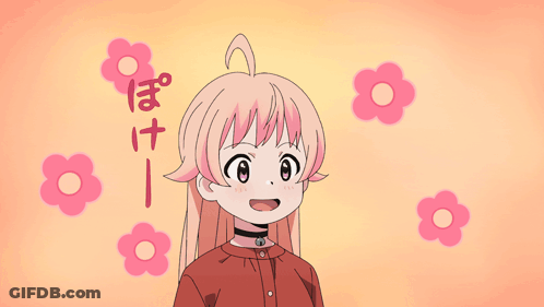 Girl With Pink Hair Surrounded By Flowers And Chinese Writing GIF