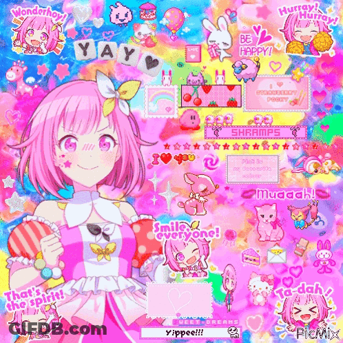 Girl With Pink Hair Surrounded By Stickers GIF