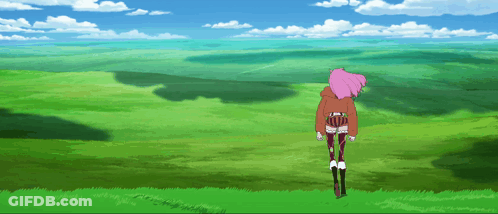 Girl With Pink Hair Walking Through Field GIF