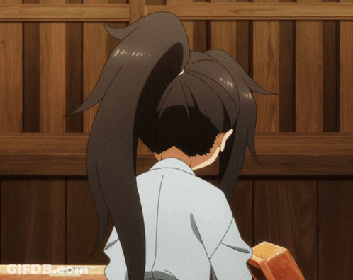 Girl With Ponytail Sitting In Front Of Wooden Fence GIF