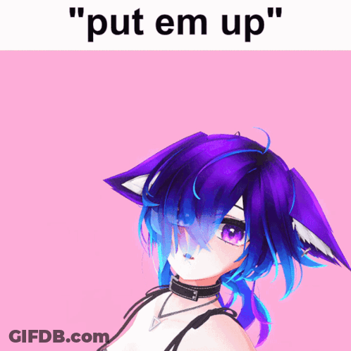 Girl With Purple And Blue Hair Saying Put Em Up GIF