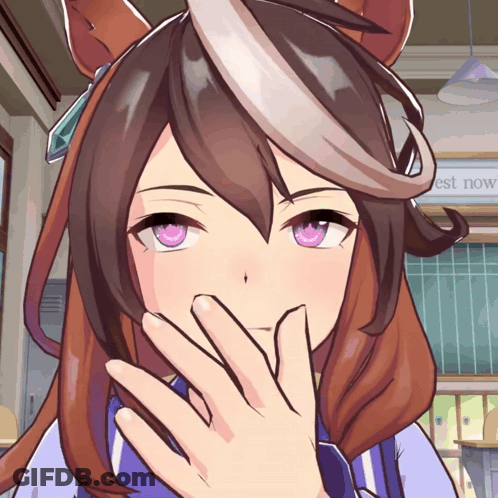 Girl With Purple Eyes Covering Mouth In Front Of Rest Now Sign GIF