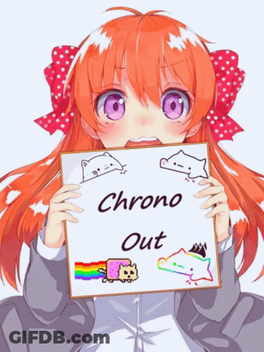 Girl With Purple Eyes Holding Sign Chrono Out GIF