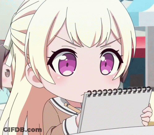 Girl With Purple Eyes Holding Spiral Notebook GIF