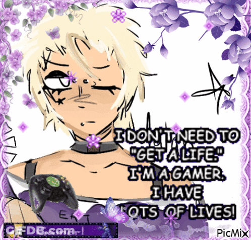 Girl With Purple Flowers And Gamer Quote GIF