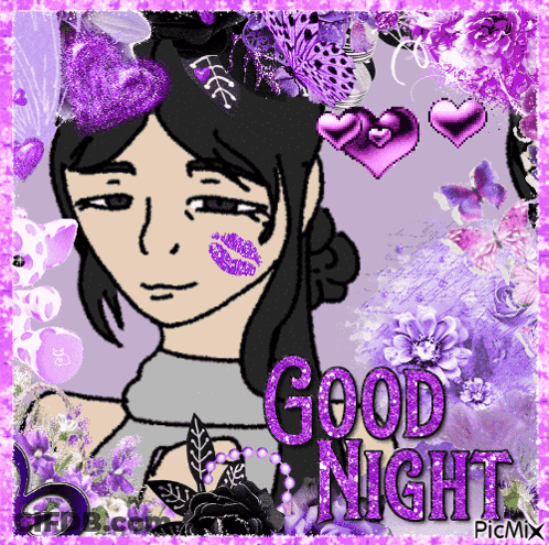 Girl With Purple Flowers Good Night GIF