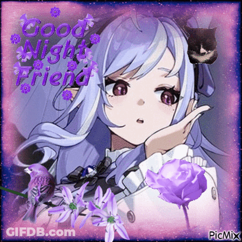Girl With Purple Flowers Good Night Friend GIF