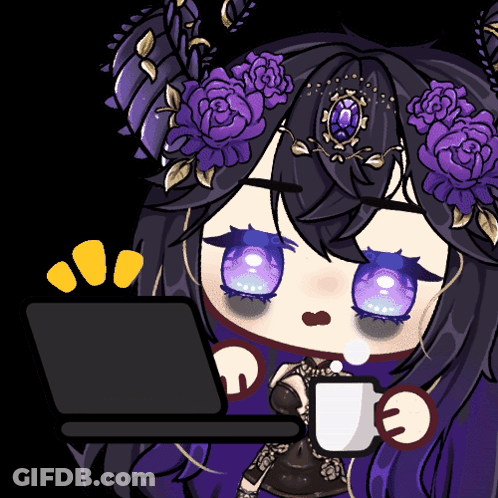 Girl With Purple Flowers Holding Cup And Laptop GIF