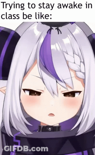 Girl With Purple Hair And Bird On Head Trying To Stay Awake In Class GIF