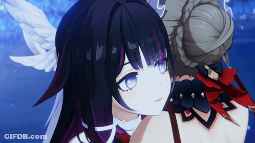 Girl With Purple Hair And Blue Eyes Next To Girl With White Wings GIF