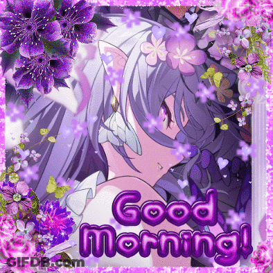 Girl With Purple Hair And Flowers Says Good Morning GIF