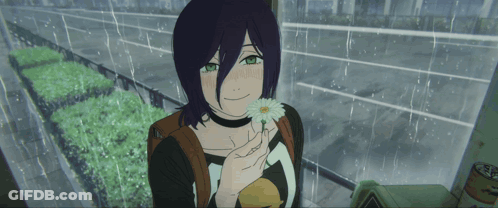 Girl With Purple Hair And Green Eyes Holding Flower GIF