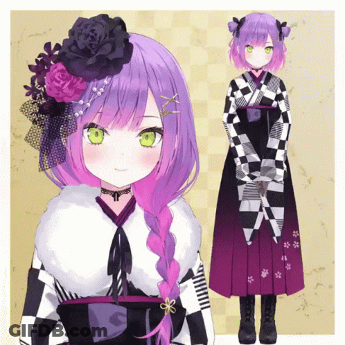 Girl With Purple Hair And Green Eyes In Checkered Outfit GIF
