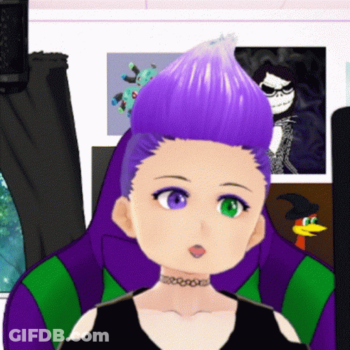 Girl With Purple Hair And Green Eyes Sitting GIF