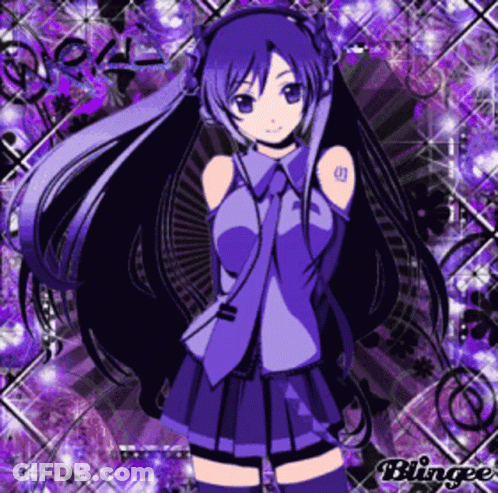 Girl With Purple Hair And Headphones On Purple Black Background GIF