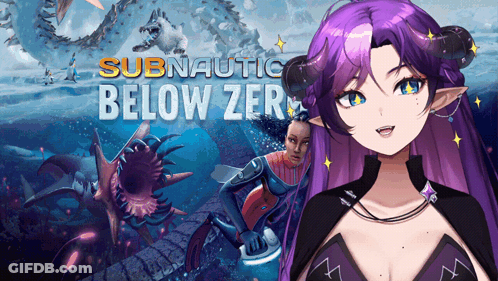 Girl With Purple Hair And Horns In Front Of Subnautica Poster GIF